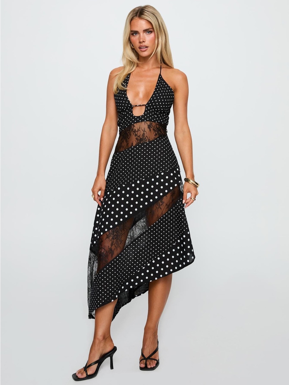Princess Polly Black Polka Dot Asymmetrical Lace Inset Halter Dress